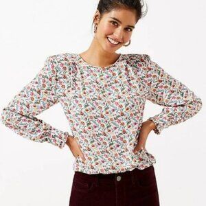 LOFT White Floral Long Puff Sleeve Blouse in Size XL